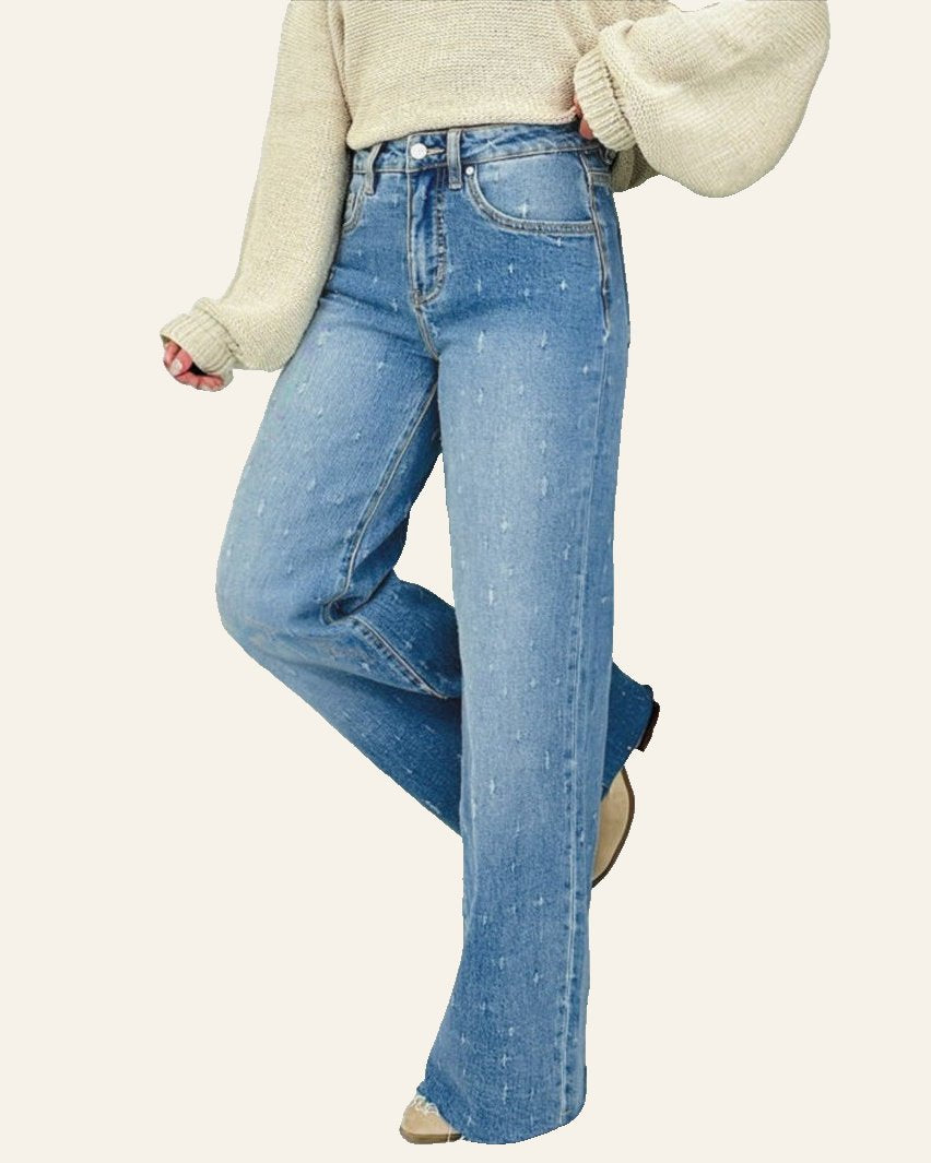 Mist Blue Distressed Detail Tummy Control Raw Hem Jeans