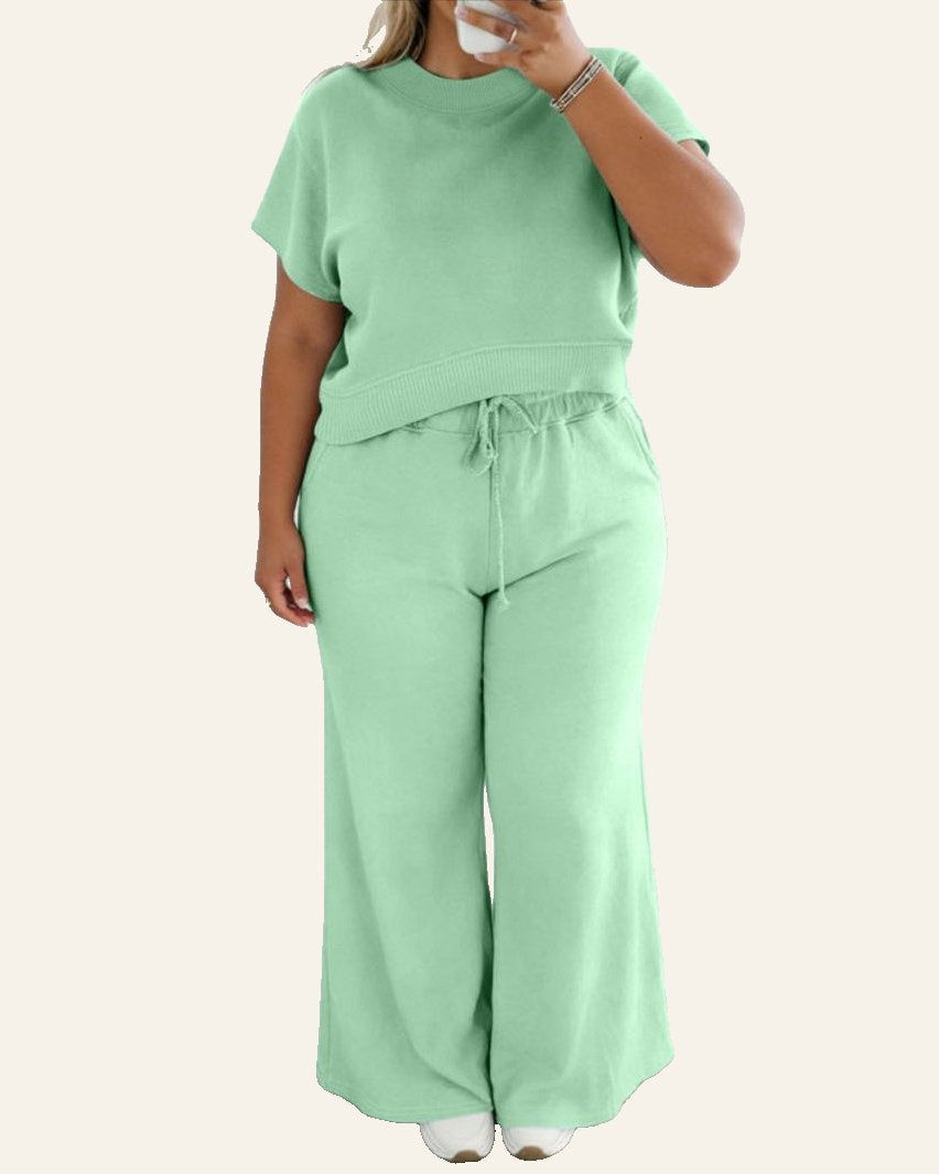 Clearly Aqua Solid Color Ribbed Trim Short Sleeve Top Drawstring Loose Pants 2pcs Outfit