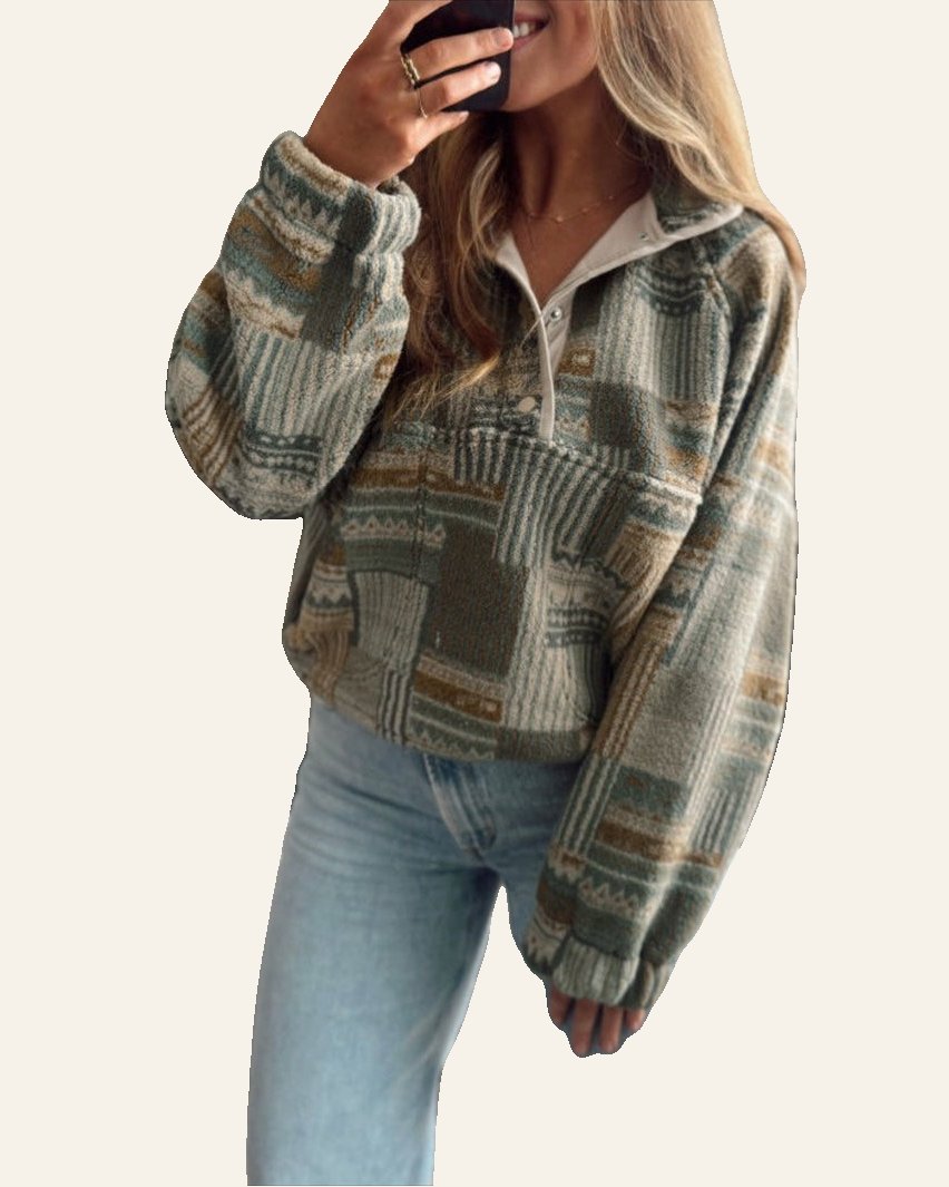 Green Western Print Fleece Pullover Long Sleeve Casual Fit Sweatshirt
