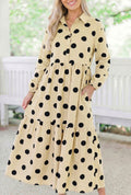 Apricot polka dot button front long sleeve dress