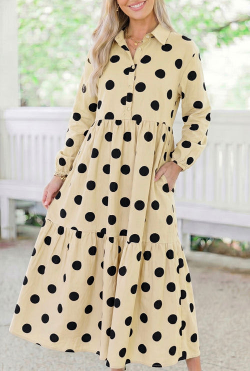 Apricot polka dot button front long sleeve dress