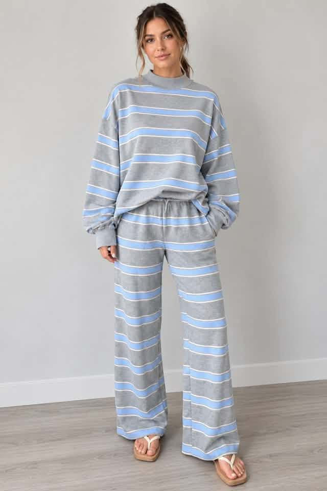 Sky blue and gray striped pants set
