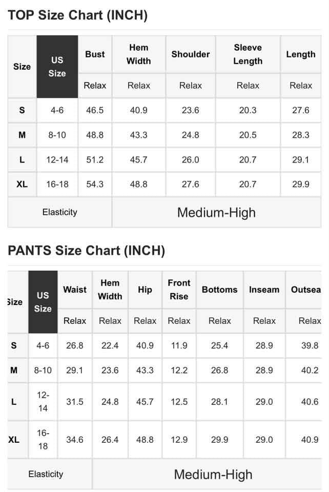 Top and pants size chart