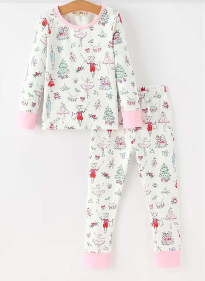 Girls Christmas ballet long-sleeve pajama set with pink trim