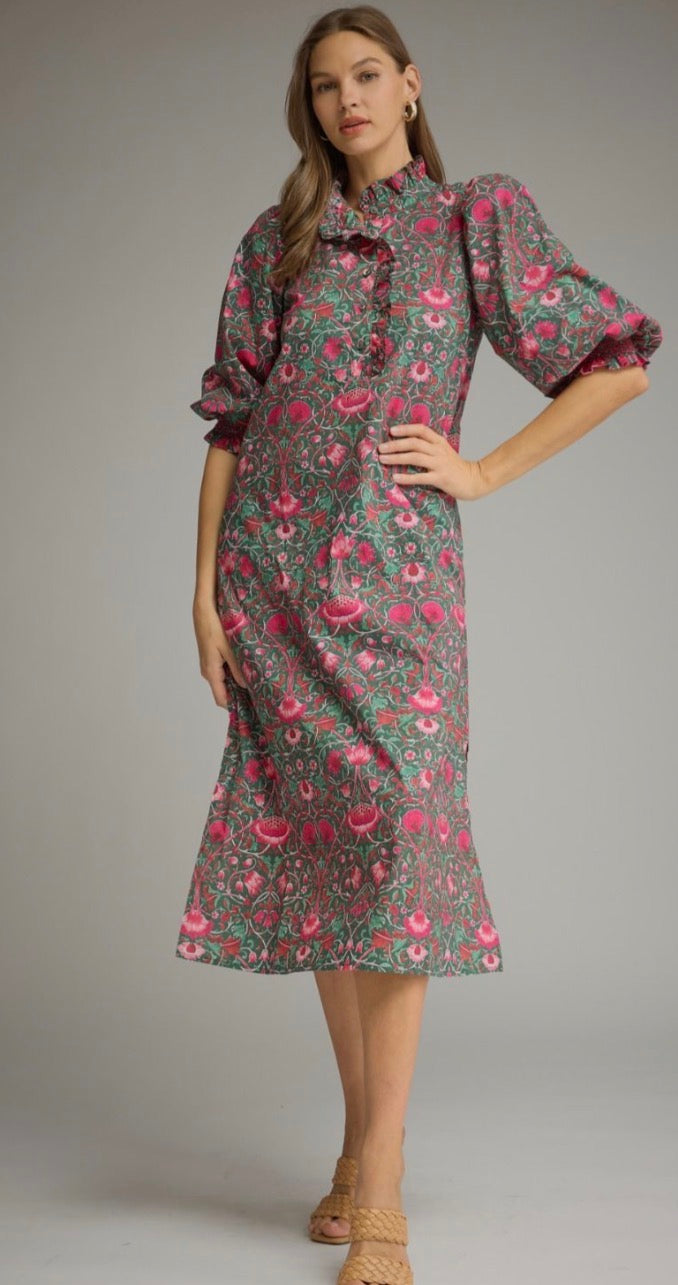 Entro Pine & Fuchsia Floral Puff Sleeve Midi Dress — SHIPS EARLY NOVEMBER