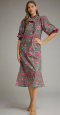 Entro Pine & Fuchsia Floral Puff Sleeve Midi Dress — SHIPS EARLY NOVEMBER