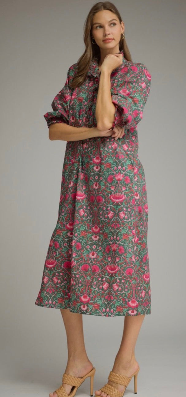Entro Pine & Fuchsia Floral Puff Sleeve Midi Dress — SHIPS EARLY NOVEMBER