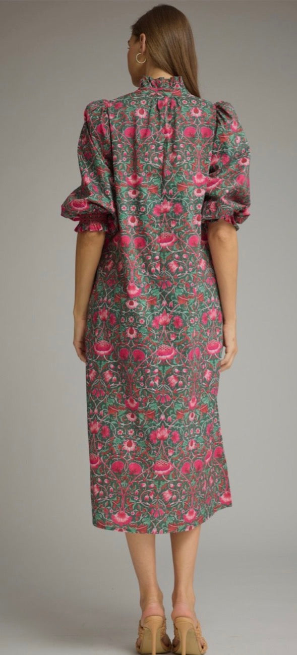 Entro Pine & Fuchsia Floral Puff Sleeve Midi Dress — SHIPS EARLY NOVEMBER