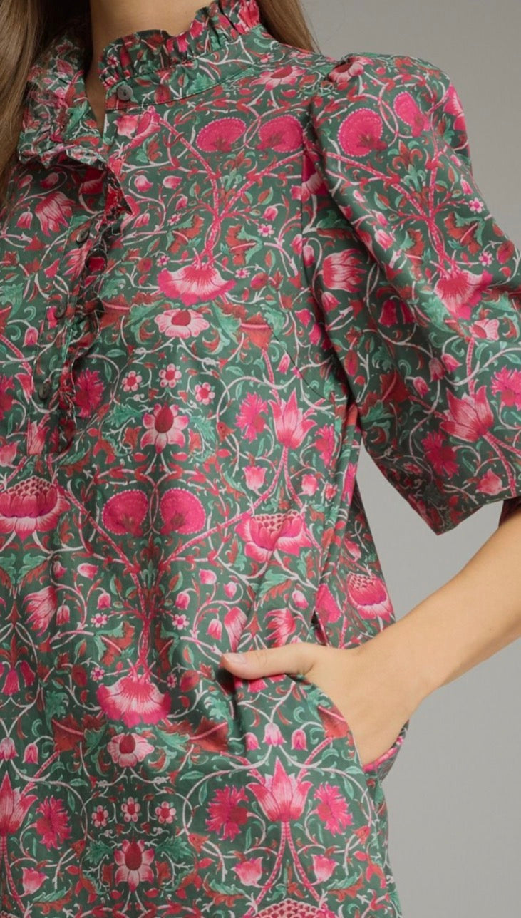 Entro Pine & Fuchsia Floral Puff Sleeve Midi Dress — SHIPS EARLY NOVEMBER