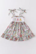 Floral print bunny embroidery smocked girl dress