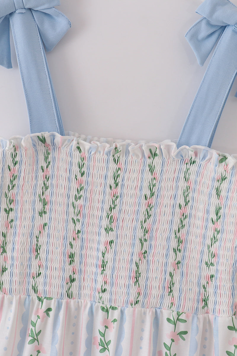 Blue floral print smocked women dress