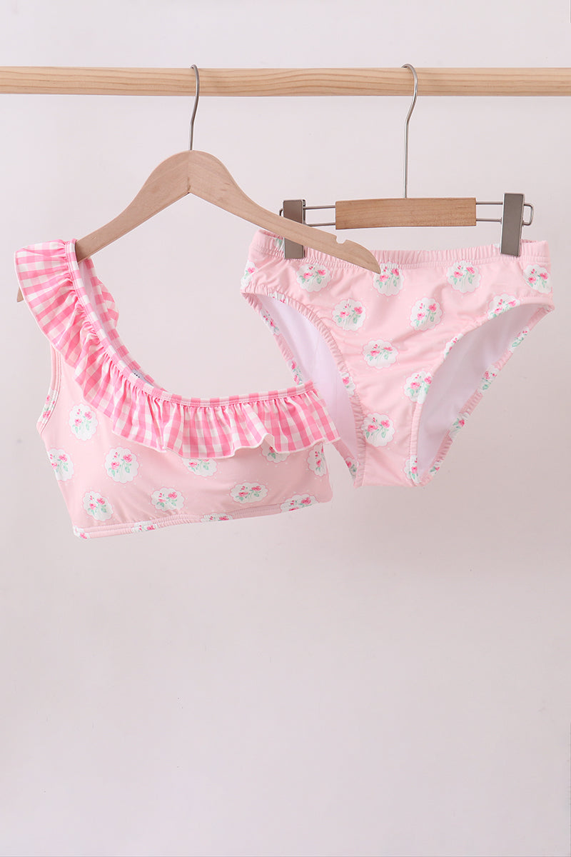 Pink rose ruffle 2pc women swimsuit