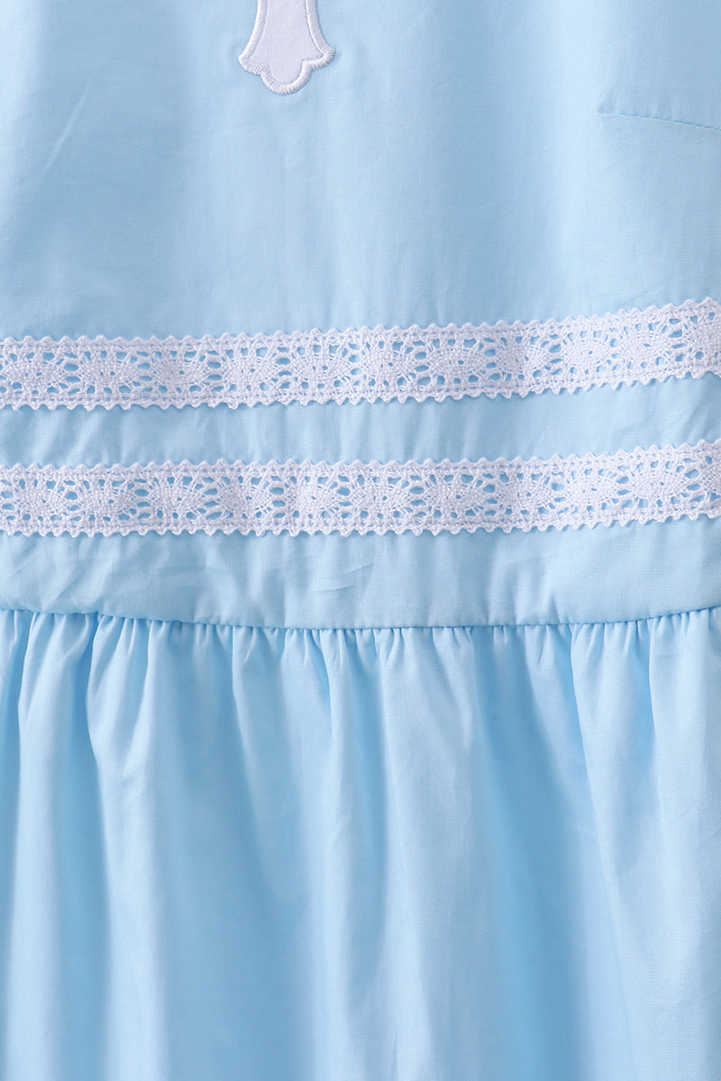 Blue cross embroidery ruffle tiered dress