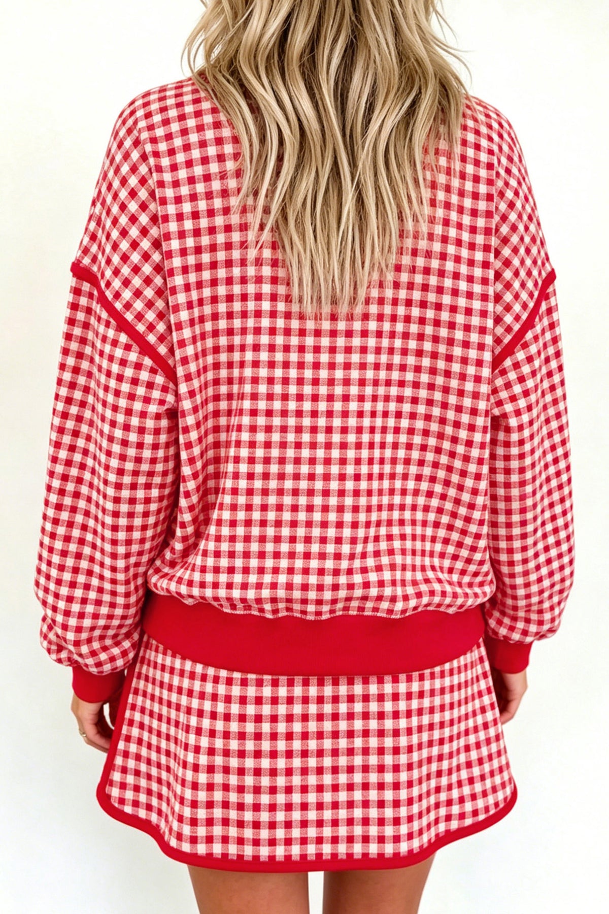 Green Gingham Oversized Ribbed Trim Crew Neck Long Sleeve Top and Skort Set PREORDER ETA 3 WEEKS