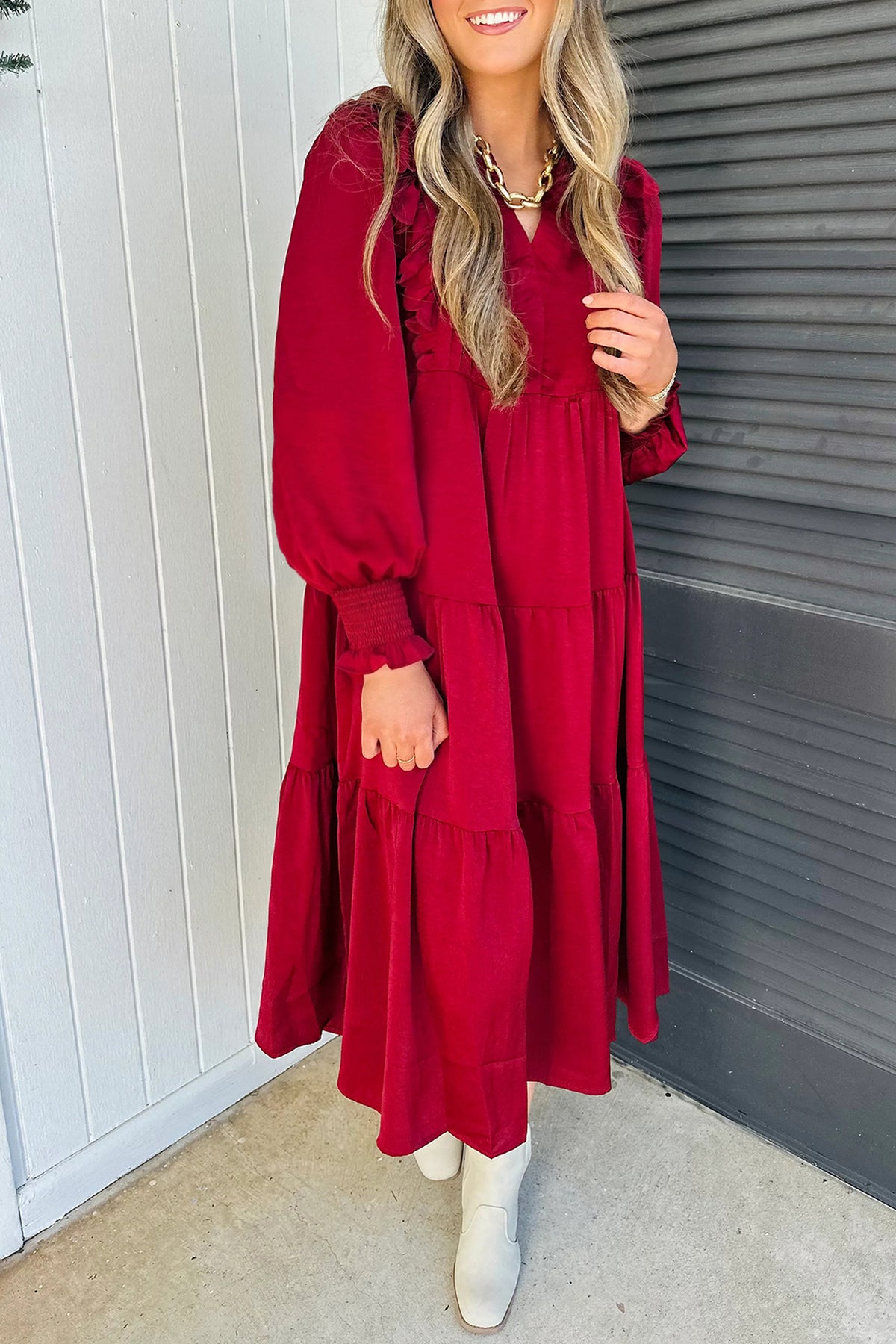 Racing Red Solid Color Ruffle Trim Long Sleeve Tiered Shift Midi Dress PREORDER ETA 3 WEEKS