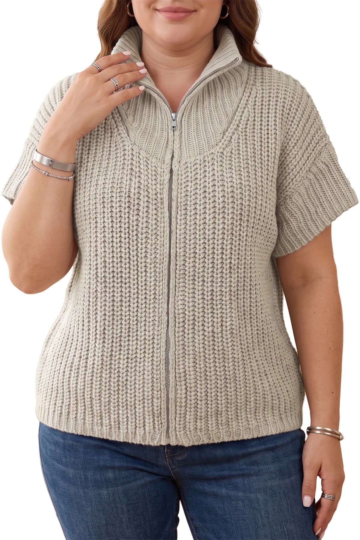 Jet Stream Plus Size Short Sleeve Ribbed Knit Zip Up Tunic Sweater PREORDER ETA 3 WEEKS