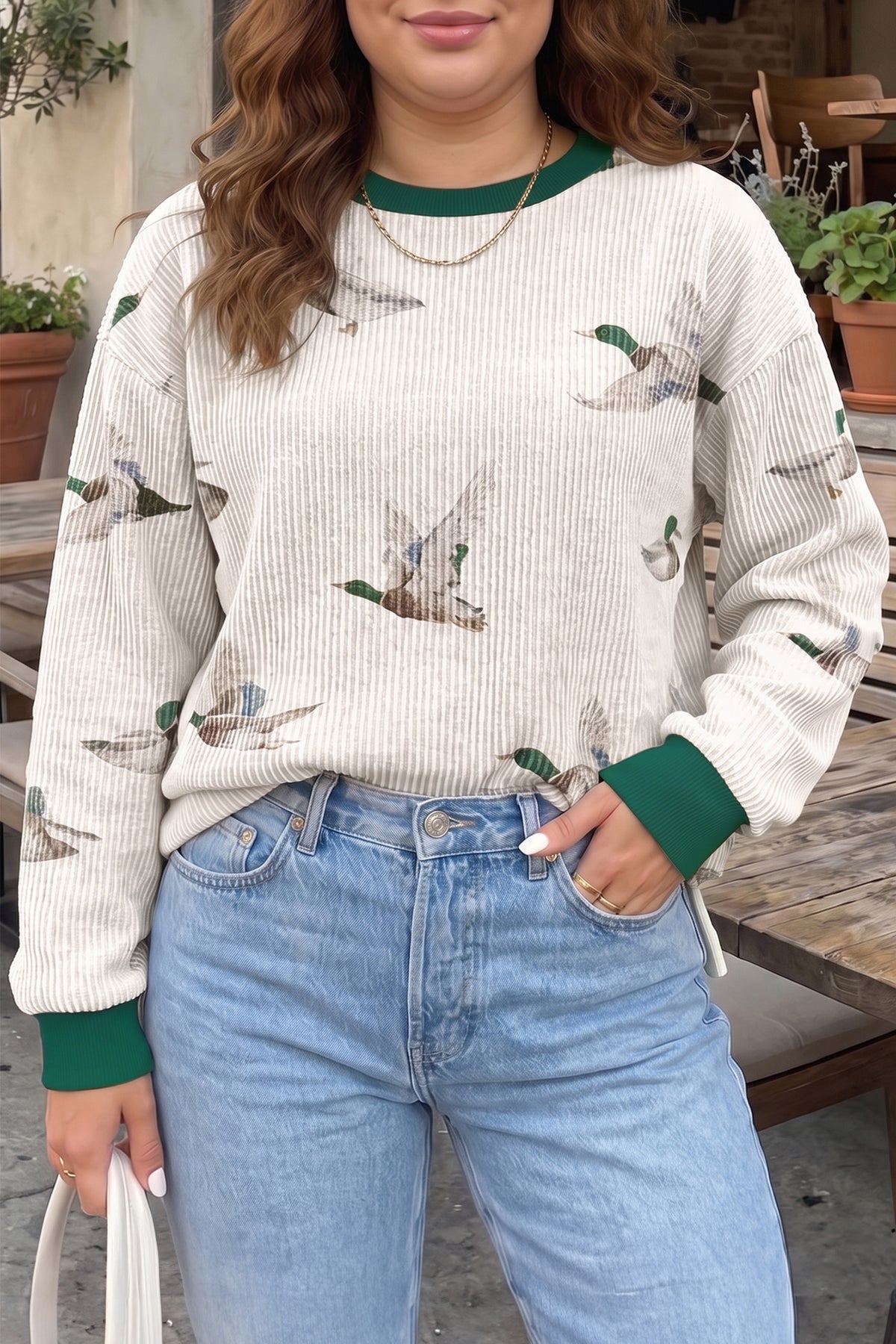 Beige Mallard Duck Print Plus Size Twisted Ribbed Top PREORDER ETA 3 WEEKS