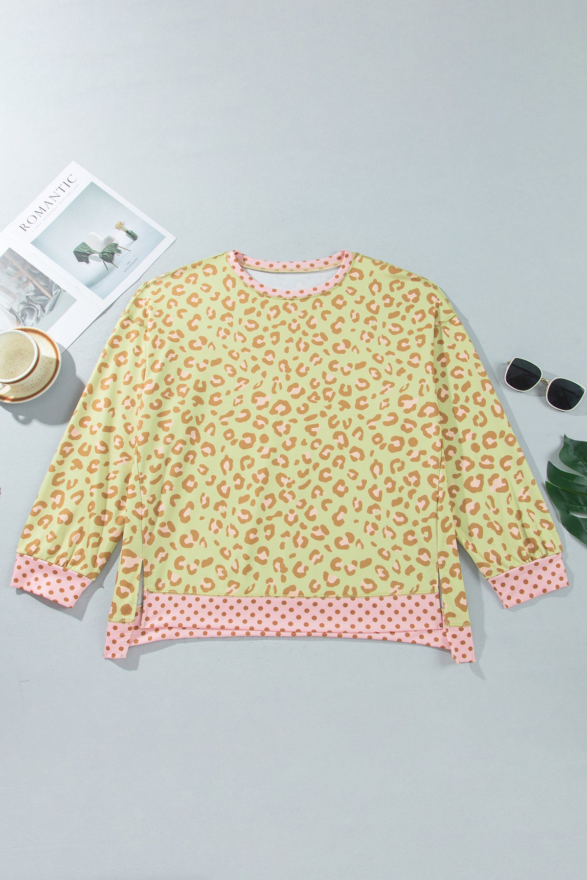 Khaki Plus Size Leopard Print Contrast Polka Dot Trim Long Sleeve Top PREORDER ETA 3 WEEKS
