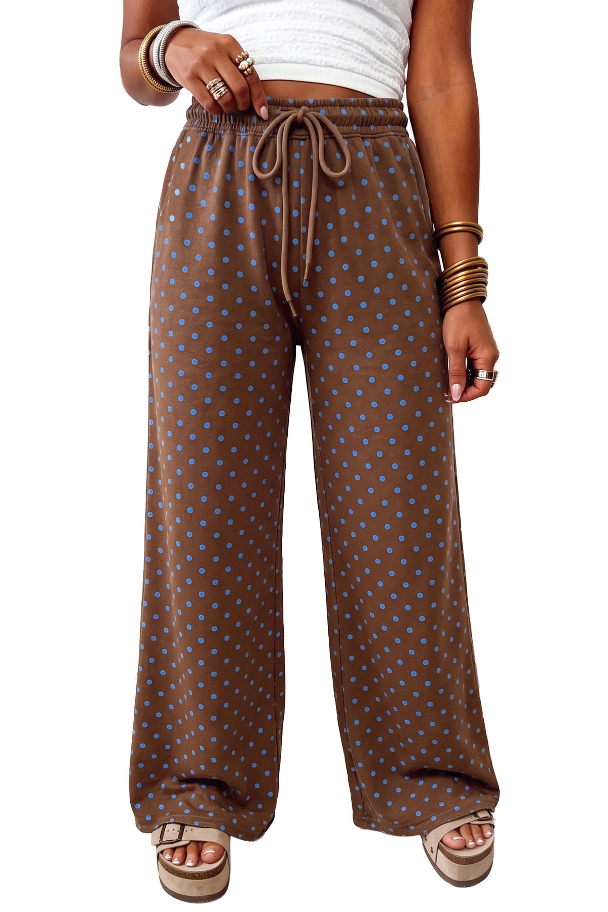 Brown Casual Polka Dot Wide Leg Drawstring Pants PREORDER ETA 3 WEEKS