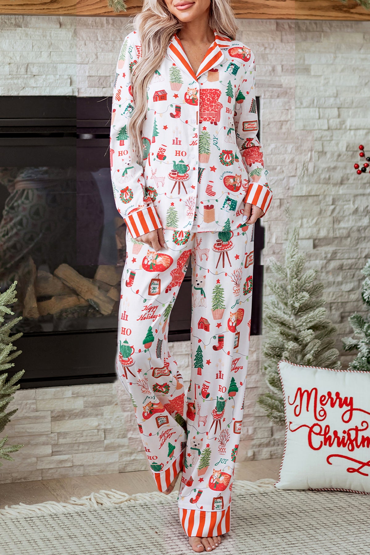 White Striped Holiday Long Sleeve Two Piece Shift Home Wear Lounge Set PREORDER ETA 3 WEEKS