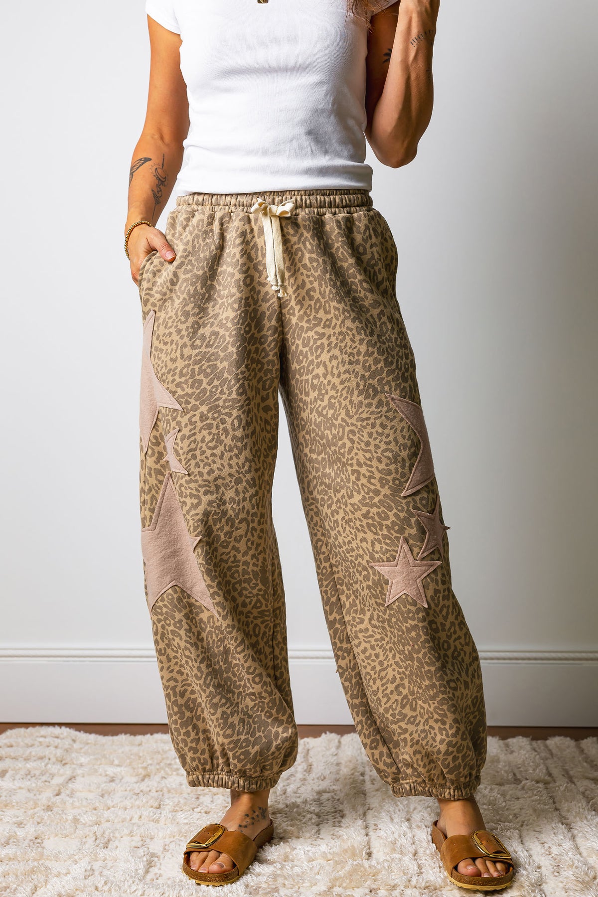 Khaki Leopard Print Star Patched Drawstring Elastic Waist Jogger Pants PREORDER ETA 3 WEEKS