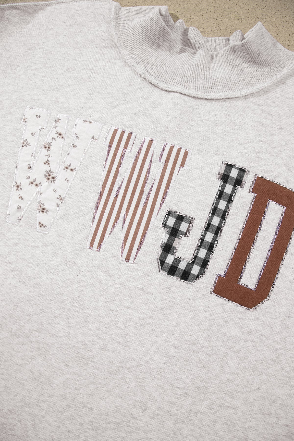 Gray WWJD Mix Pattern Letter Graphic Exposed Seam Loose Plus Size Sweatshirt PREORDER ETA 3 WEEKS