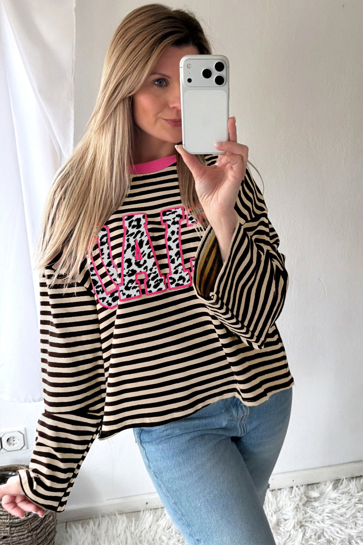 Beige Stripe Leopard Accent CIAO Letter Graphic Long Sleeve Shift Top PREORDER ETA 3 WEEKS