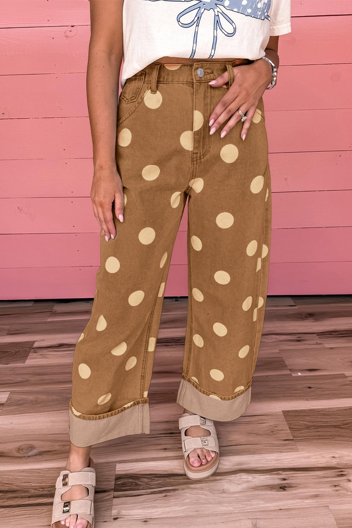 Brown Polka Dot Ankle-Length Metal Button Casual Jeans PREORDER ETA 3 WEEKS