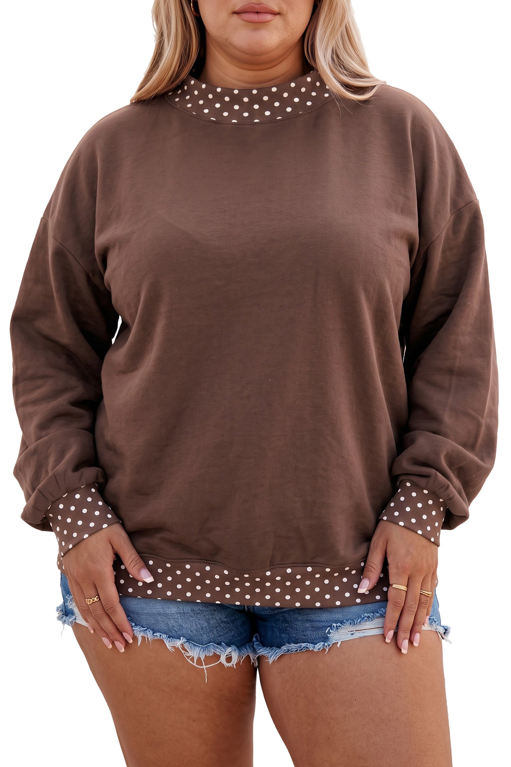 Brown Polka Dot Patchwork Round Neck Plus Size Sweatshirt PREORDER ETA 3 WEEKS