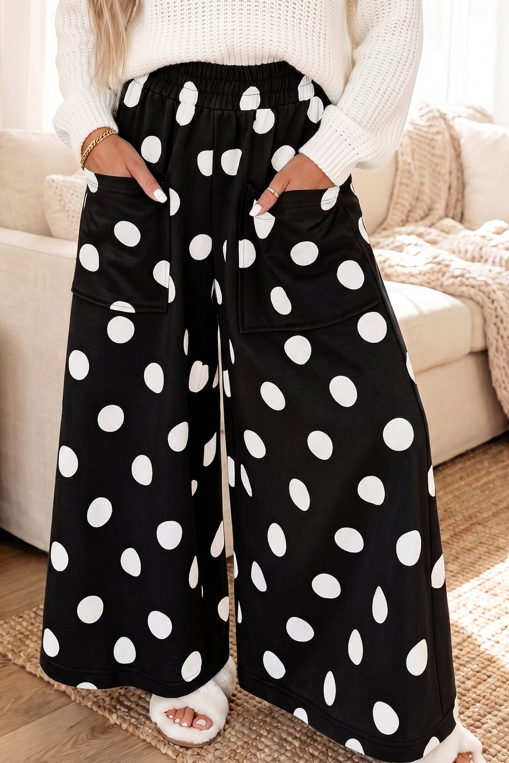 Black Polka Dot Wide Leg Elastic Waist Casual Pants PREORDER ETA 3 WEEKS