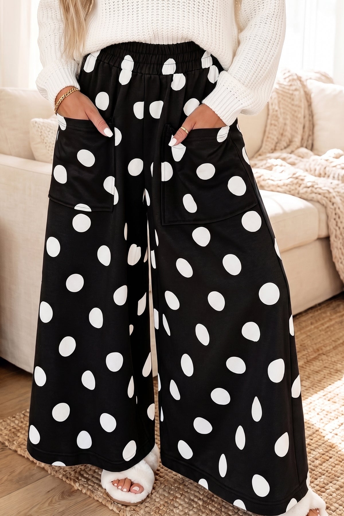 Black Polka Dot Wide Leg Elastic Waist Casual Pants PREORDER ETA 3 WEEKS