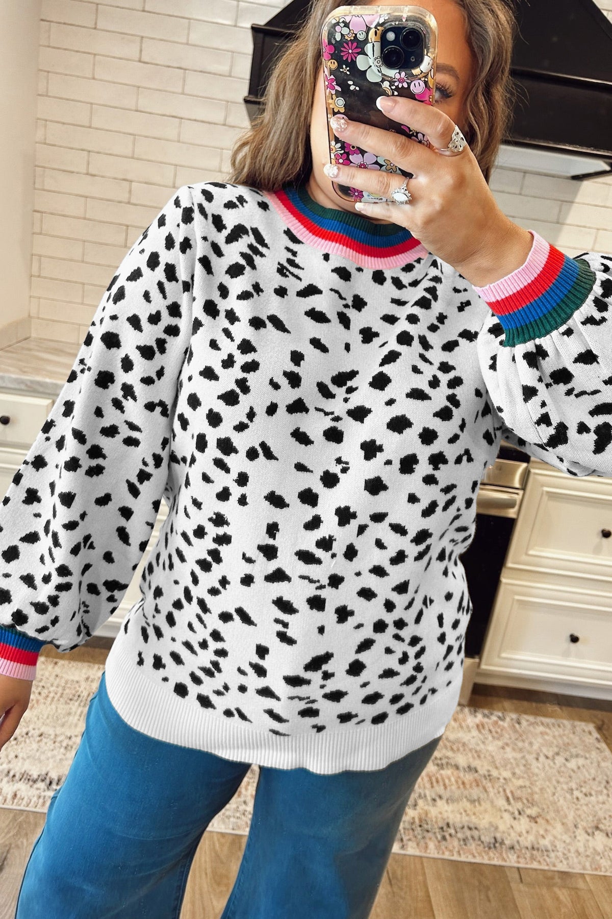 White Leopard Print Colorblock Round Neck Long Sleeve Tunic Plus Size Sweater PREORDER ETA 3 WEEKS