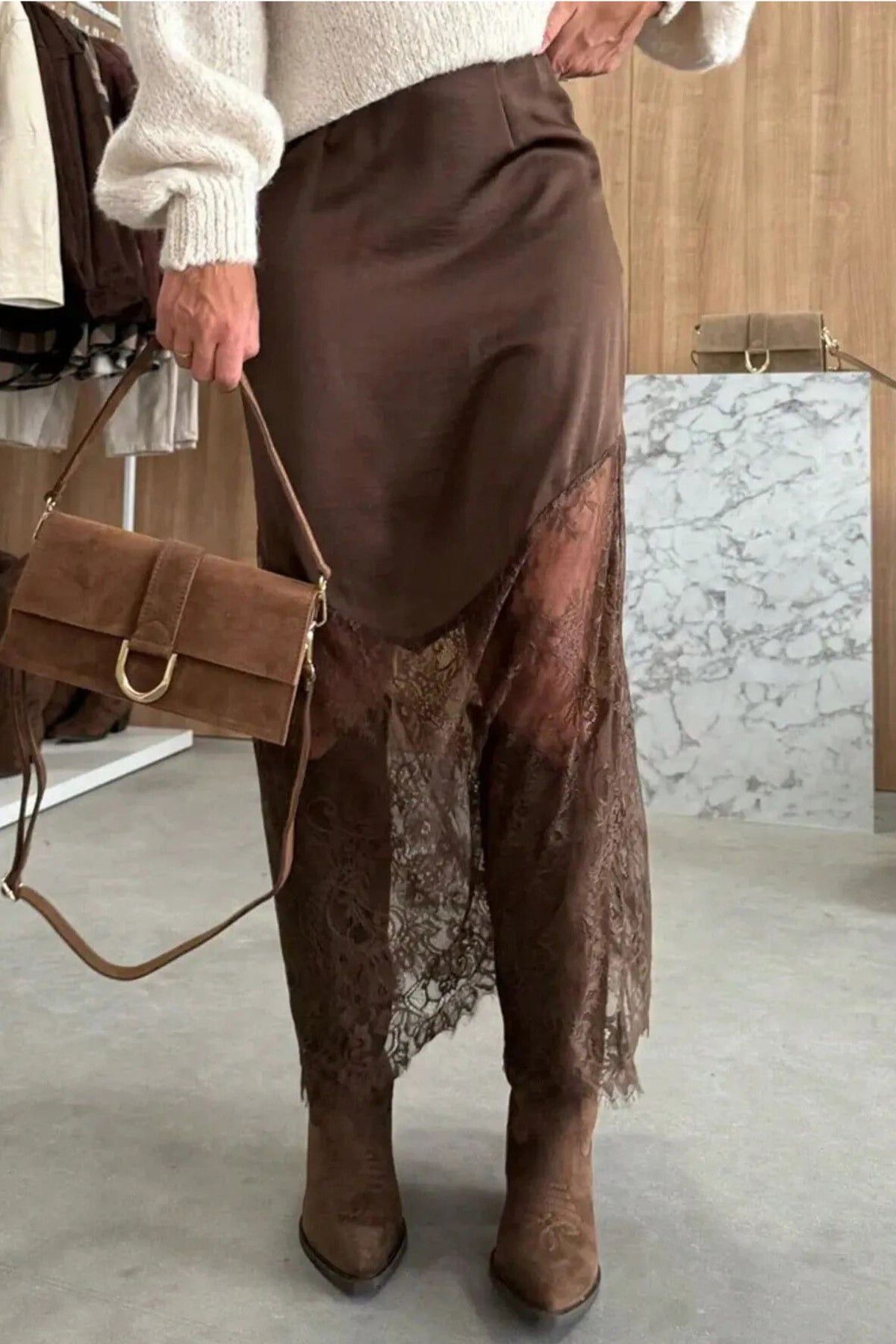 Dark Brown Lace Patchwork Hem Long Casual Shift Skirt PREORDER ETA 3 WEEKS