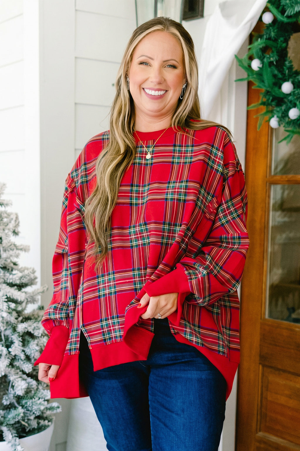 Red Plus Size Festive Plaid Long Sleeve Split Tunic Sweatshirt PREORDER ETA 3 WEEKS