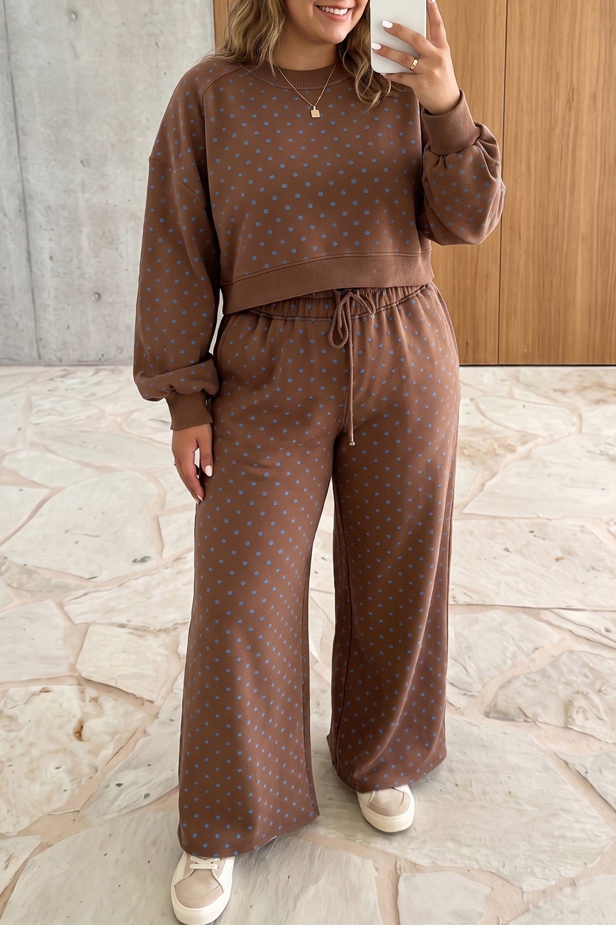 Brown Polka Dot Round Neck Long Sleeve Plus Size Set PREORDER ETA 3 WEEKS