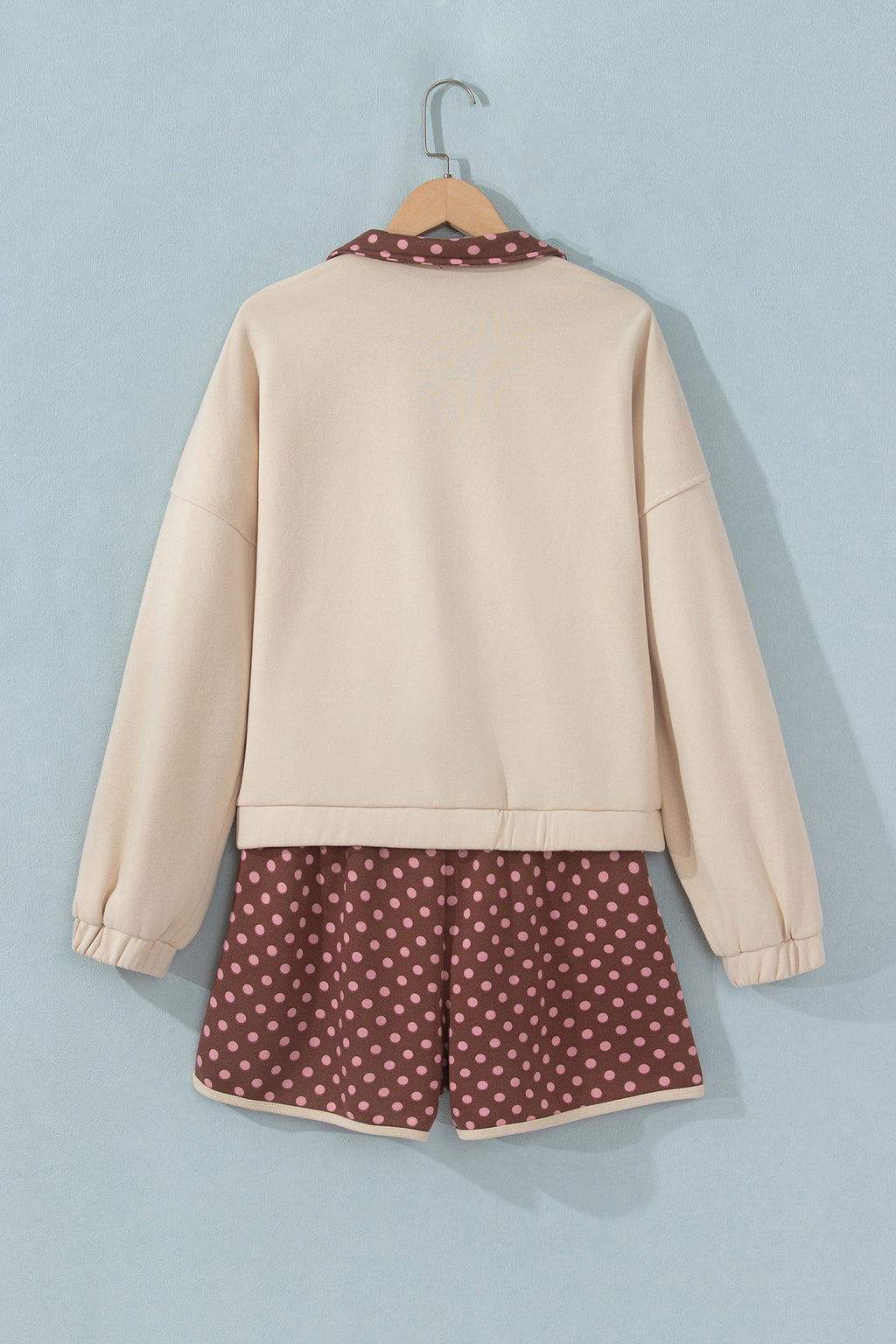 Brown Polka Dot Contrast Baggy Pullover and Elastic Waist Shorts 2pcs Set PREORDER ETA 3 WEEKS