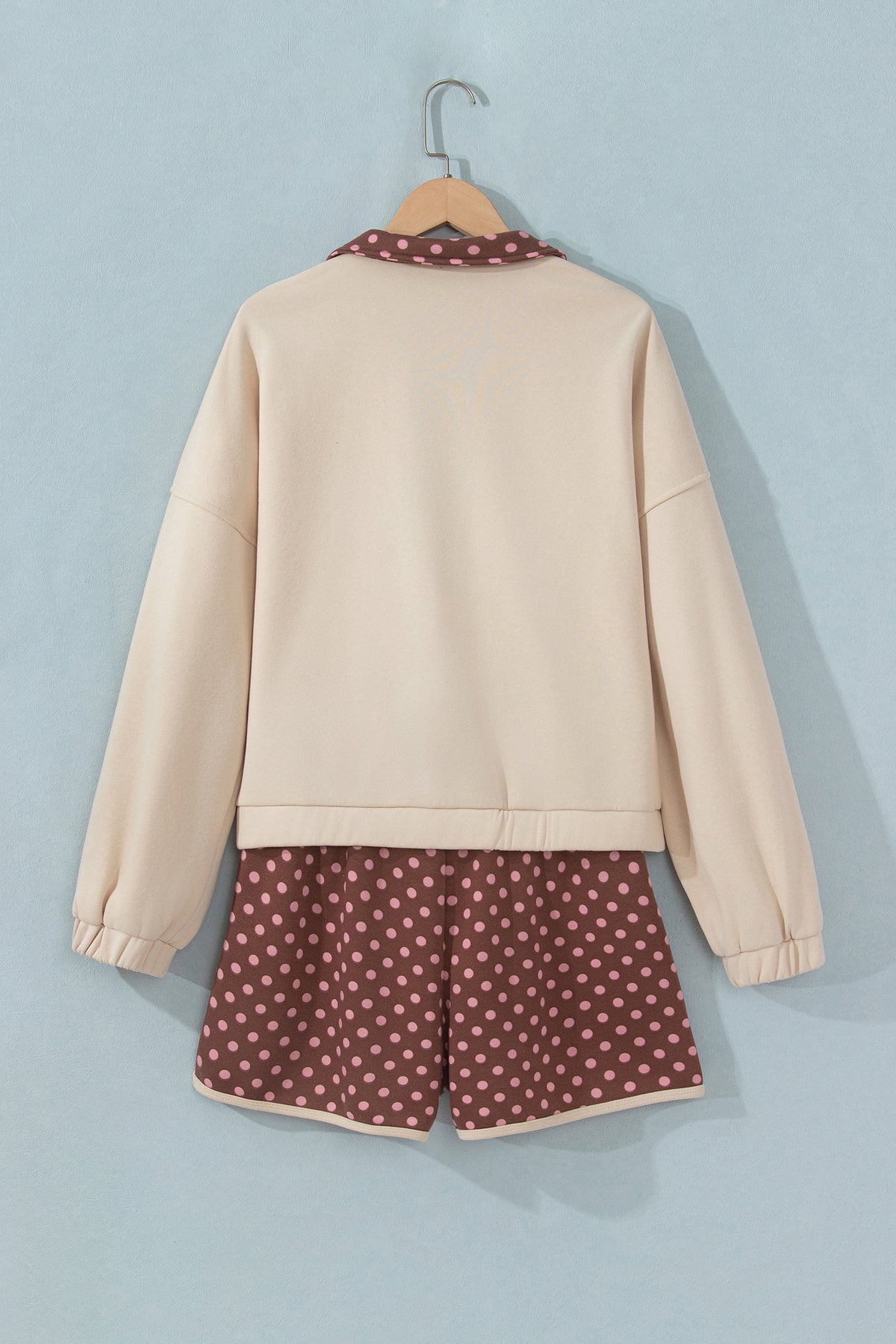 Brown Polka Dot Contrast Baggy Pullover and Elastic Waist Shorts 2pcs Set PREORDER ETA 3 WEEKS