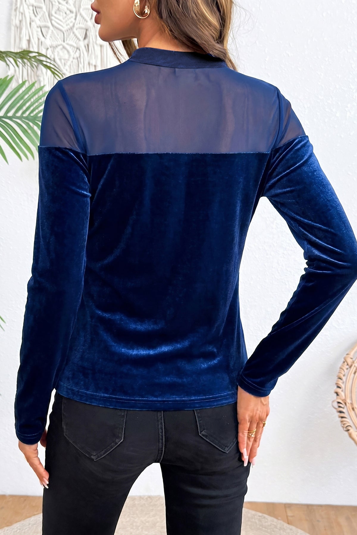 Navy Blue Velvet Long Sleeve Sheer Neck Patchwork Casual Pullover Top PREORDER ETA 3 WEEKS