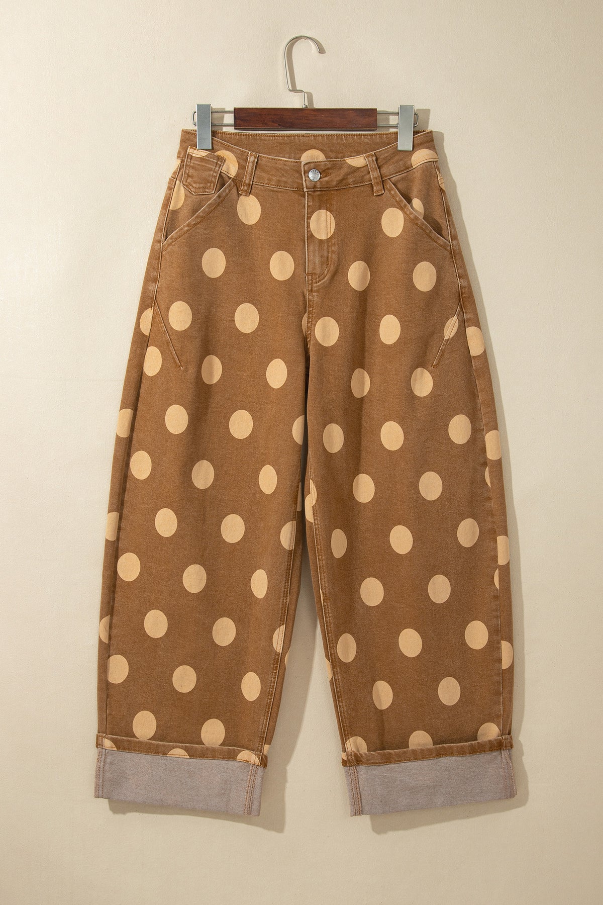 Brown Polka Dot Ankle-Length Metal Button Casual Jeans PREORDER ETA 3 WEEKS