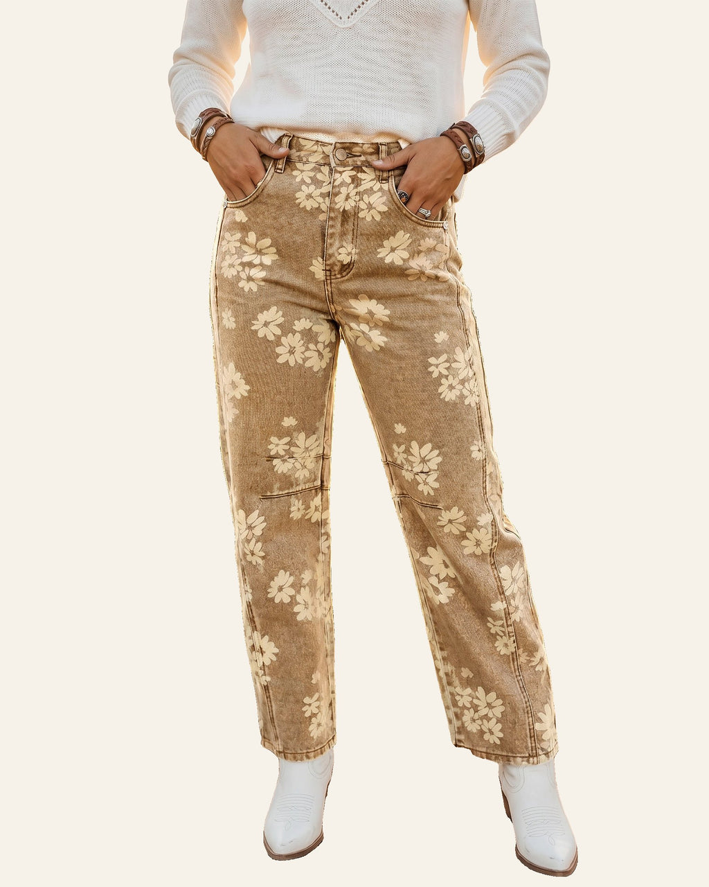 Khaki Floral Print Metal Button Pleated Straight Leg Jeans