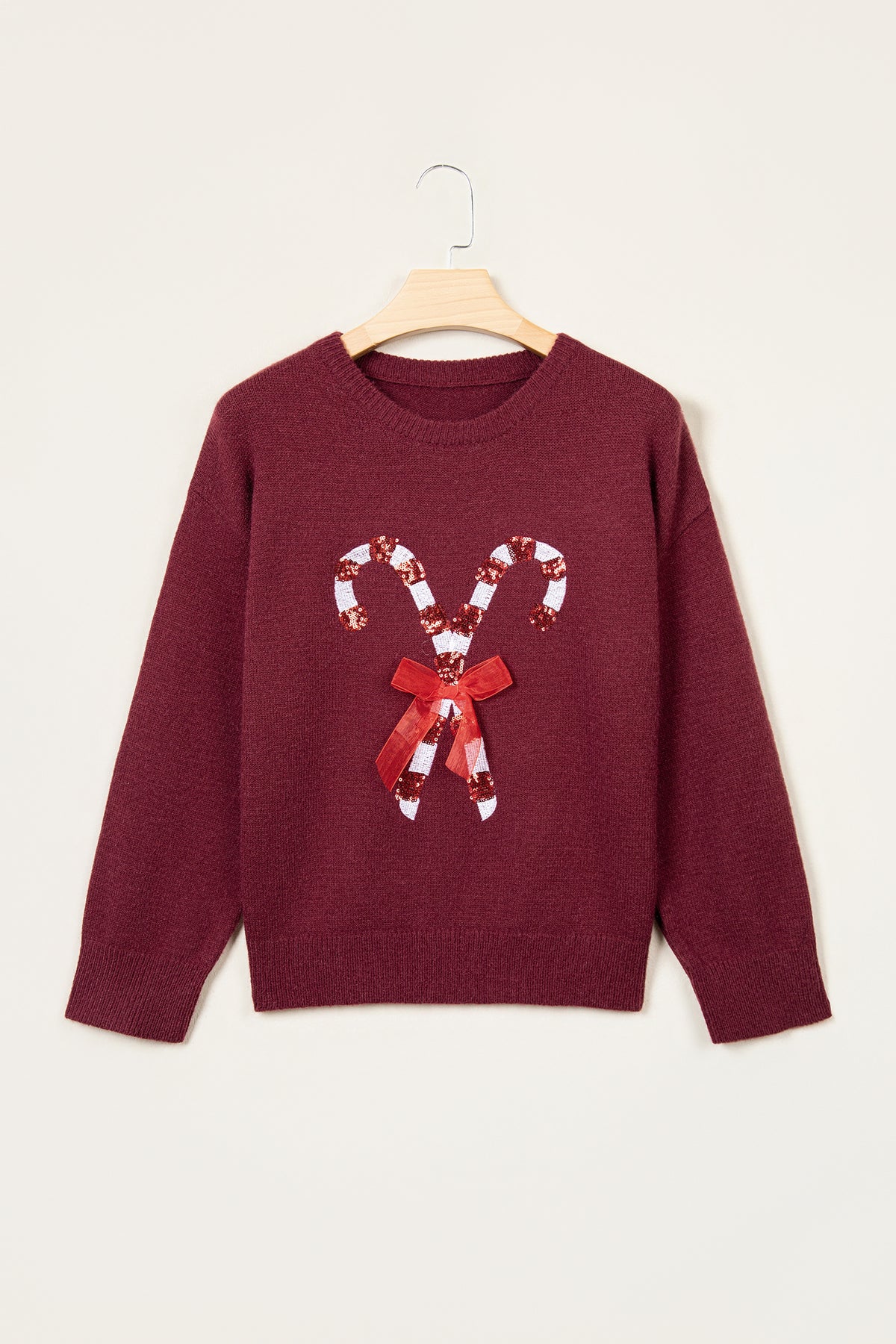 Red Dahlia Sequined Candy Cane Festive Casual Christmas Sweater PREORDER ETA 3 WEEKS