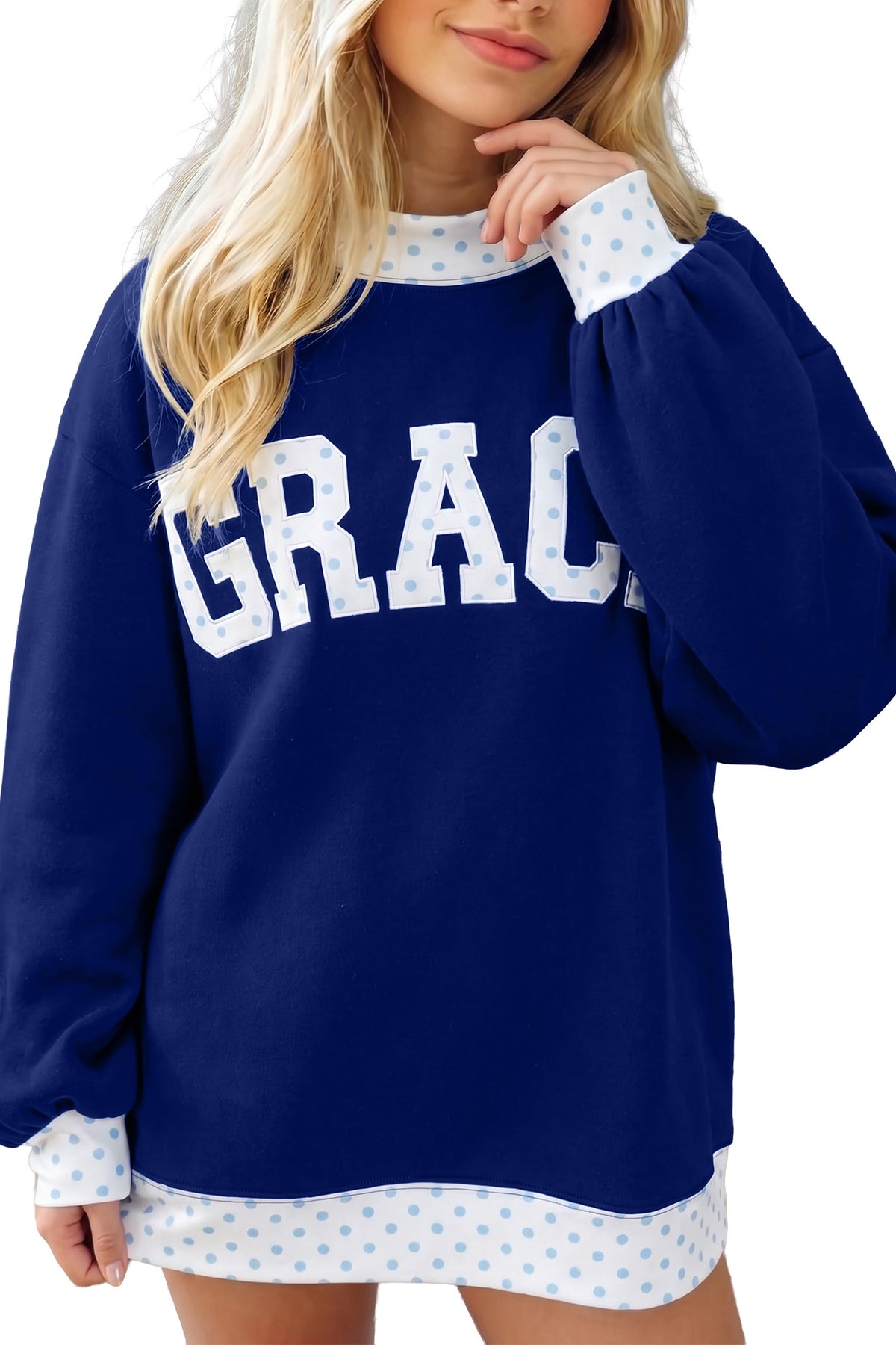 Dirty blue Polka Dot Trim High Neck GRACE Letter Graphic Baggy Sweatshirt PREORDER ETA 3 WEEKS