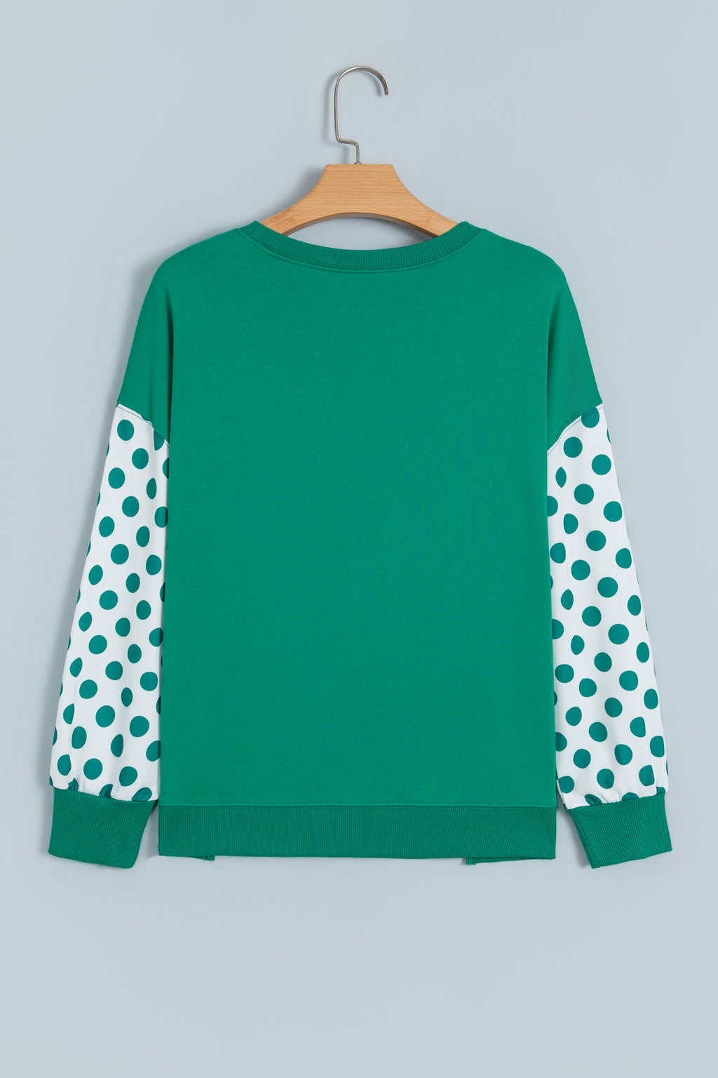 Green Polka Dot Patchwork Sleeve Crew Neck Loose Pullover Sweatshirt PREORDER ETA 3 WEEKS