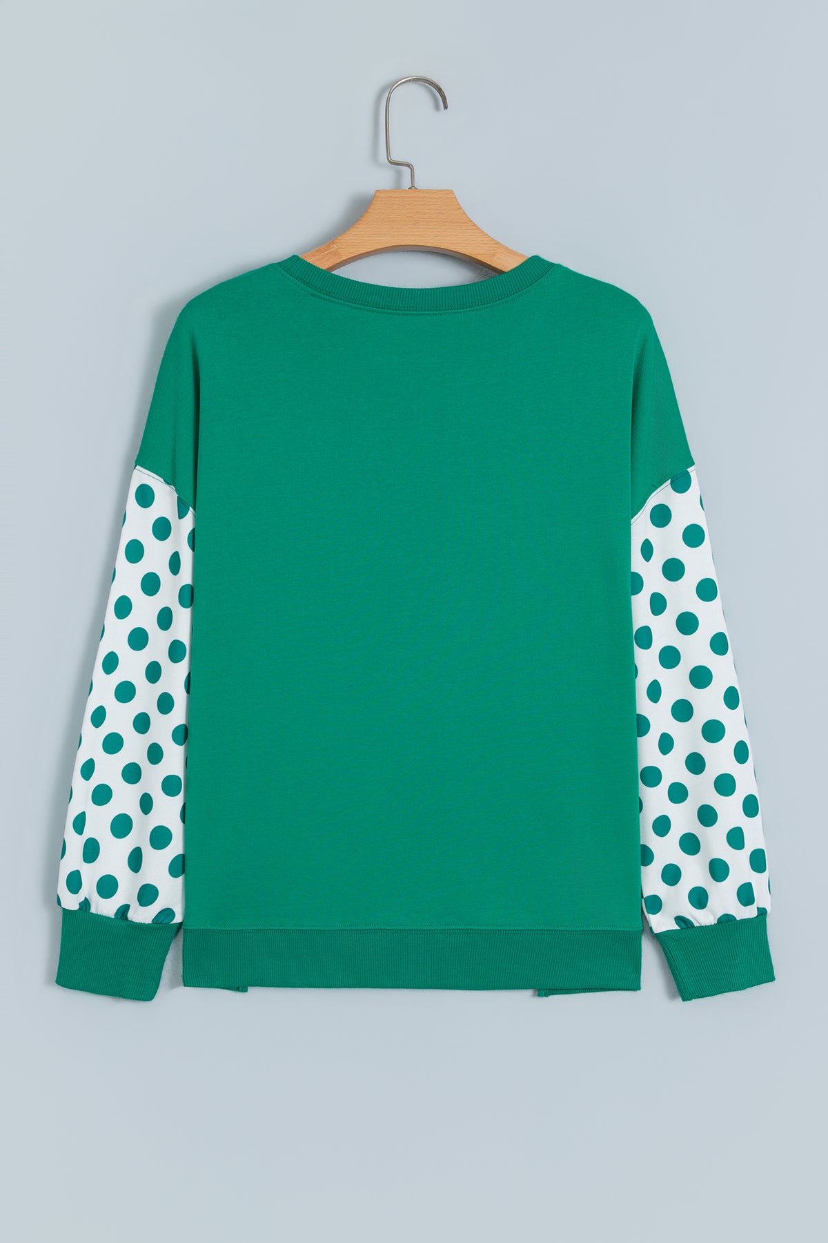 Green Polka Dot Patchwork Sleeve Crew Neck Loose Pullover Sweatshirt PREORDER ETA 3 WEEKS