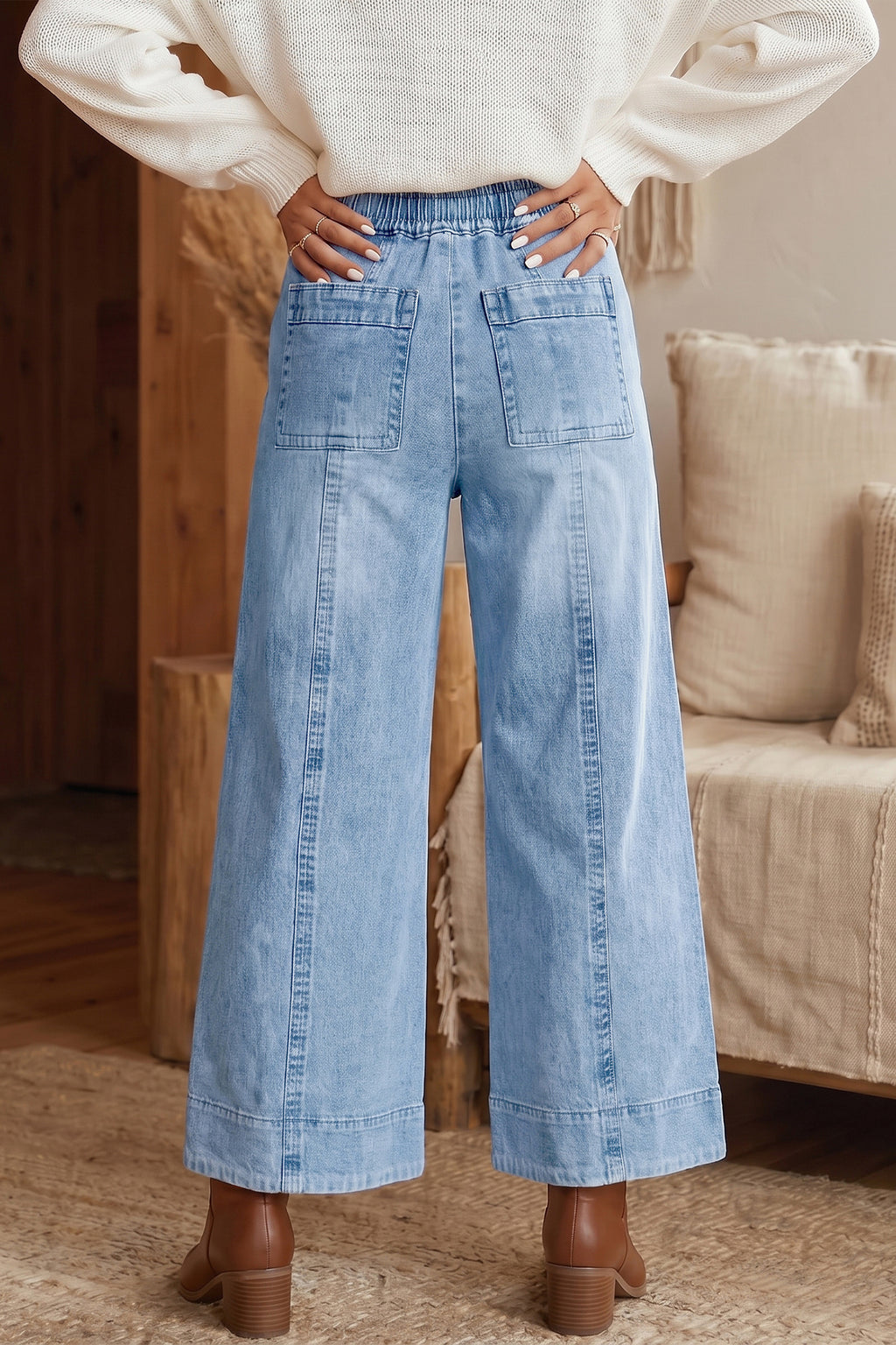 Beau Blue Drawstring Waist Wide Leg Ankle Length Jeans PREORDER ETA 3 WEEKS