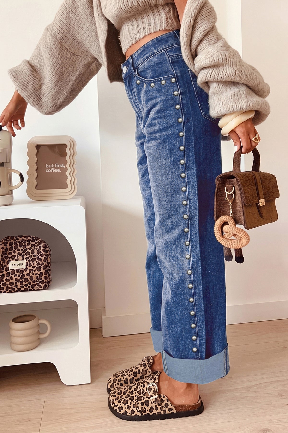 Navy Blue Studded Detail Straight Leg Casual Loose Jeans PREORDER ETA 3 WEEKS