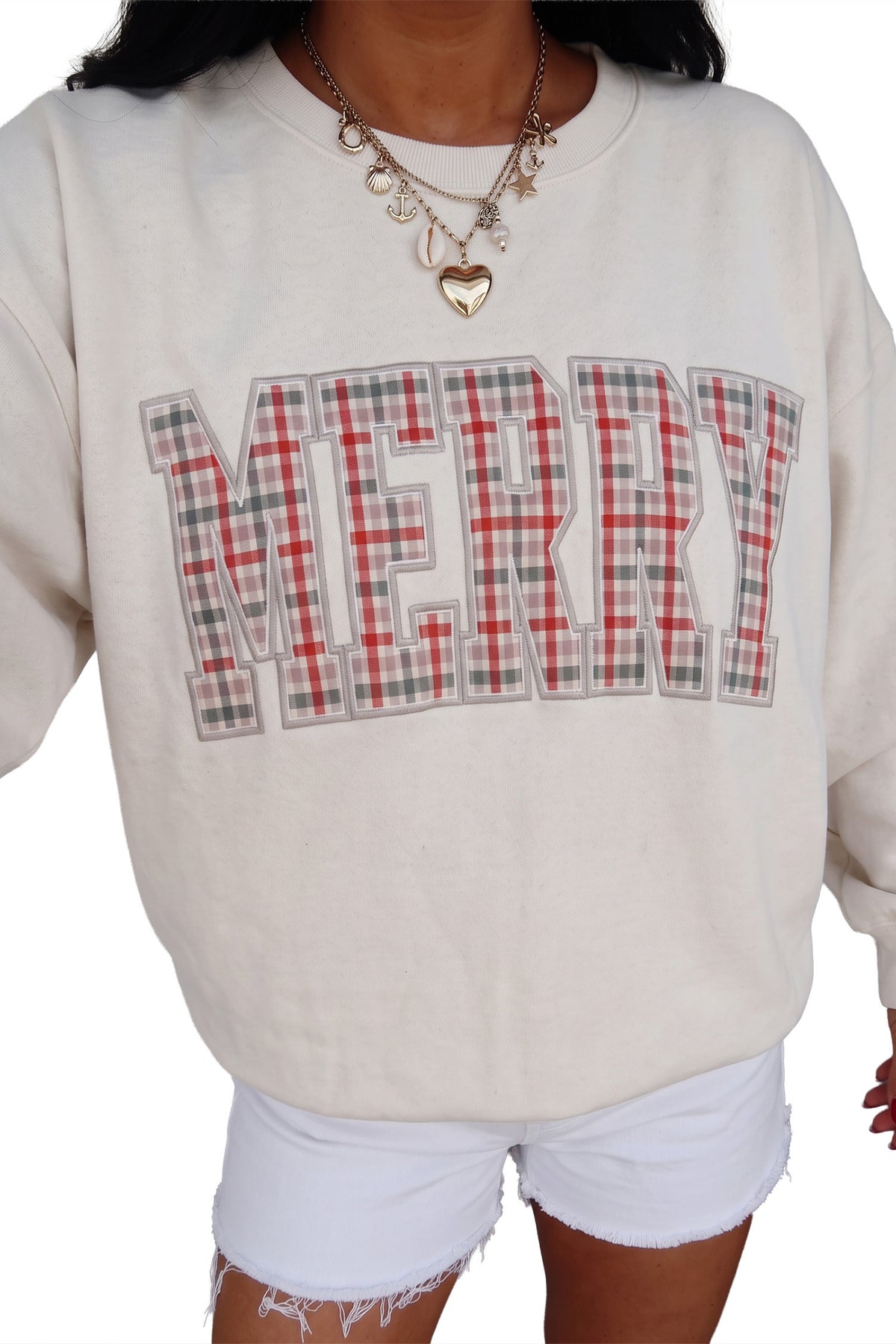 White Embroidered Plaid MERRY Sweatshirt PREORDER ETA 3 WEEKS