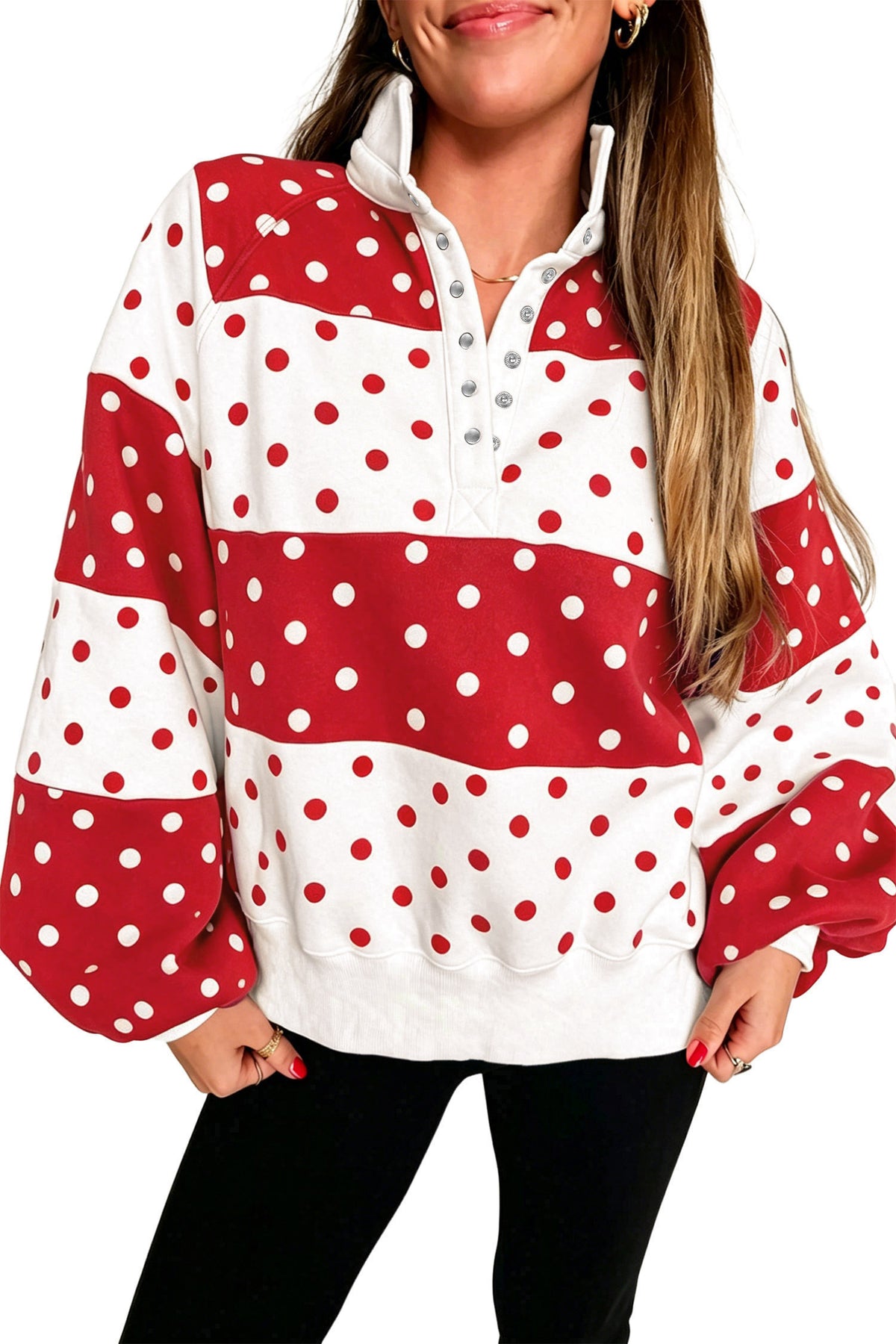 Red Polka Dot Colorblock Half Zip Puff Sleeve Pullover Sweatshirt PREORDER ETA 3 WEEKS