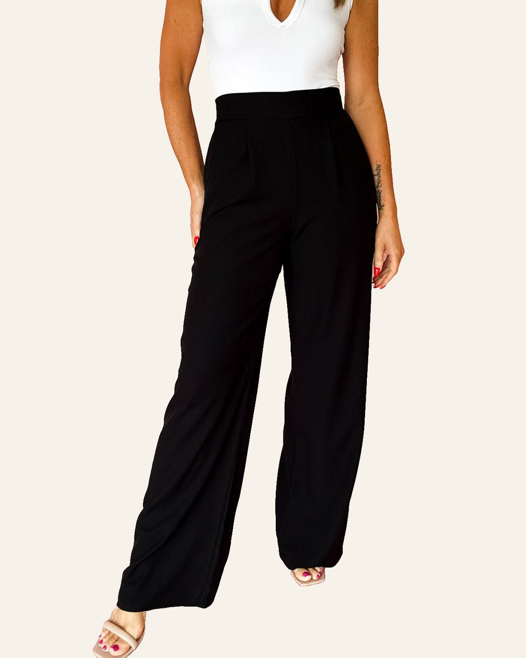 Black Pleated Detail Pull On High Elastic Waist Loose Straight Pants