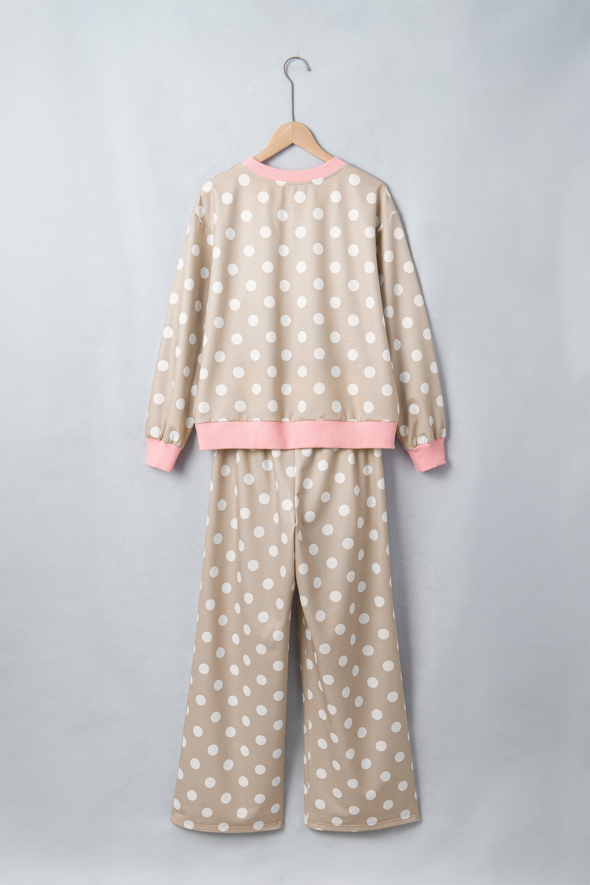 Khaki Polka Dot Contrast Trim Long Sleeve Top Drawstring Shift Pants Set PREORDER ETA 3 WEEKS